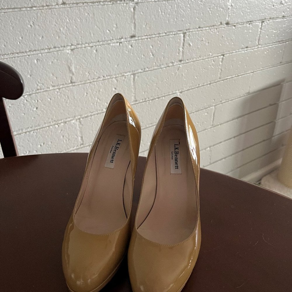 L.K. Bennett Sledge Taupe Patent Platform - 38.5